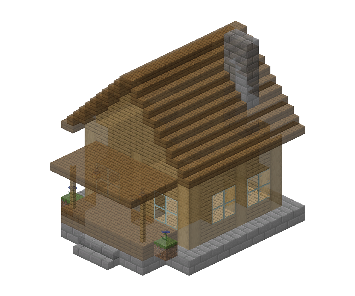 The actual transparent Simple Schematics preview of a timber Minecraft house with roof, windows and porch.